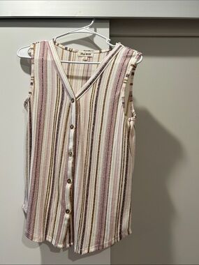 Blue Mood Striped Button-Front Short Sleeve Top in Pink, Cream, and Brown
